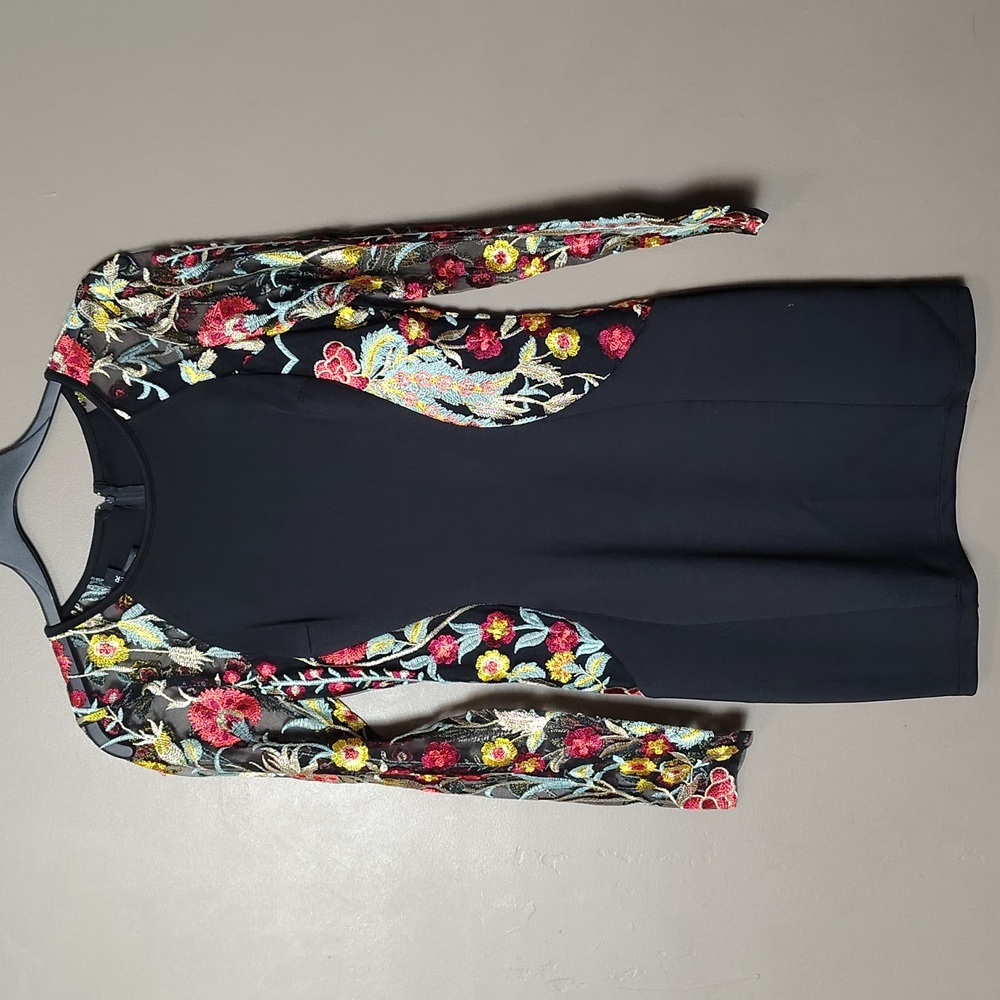 A. Byer Black Dress W Bright Flowered Embroidered/Mesh Arms Size 11